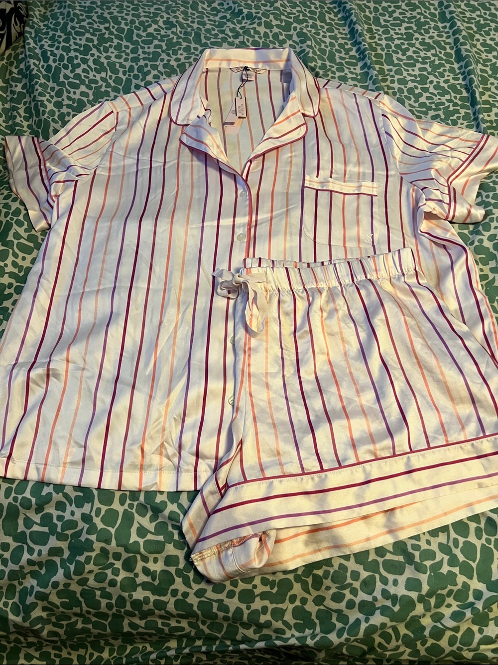 Victoria's Secret White Pajama Set with Pink and Purple Stripes
